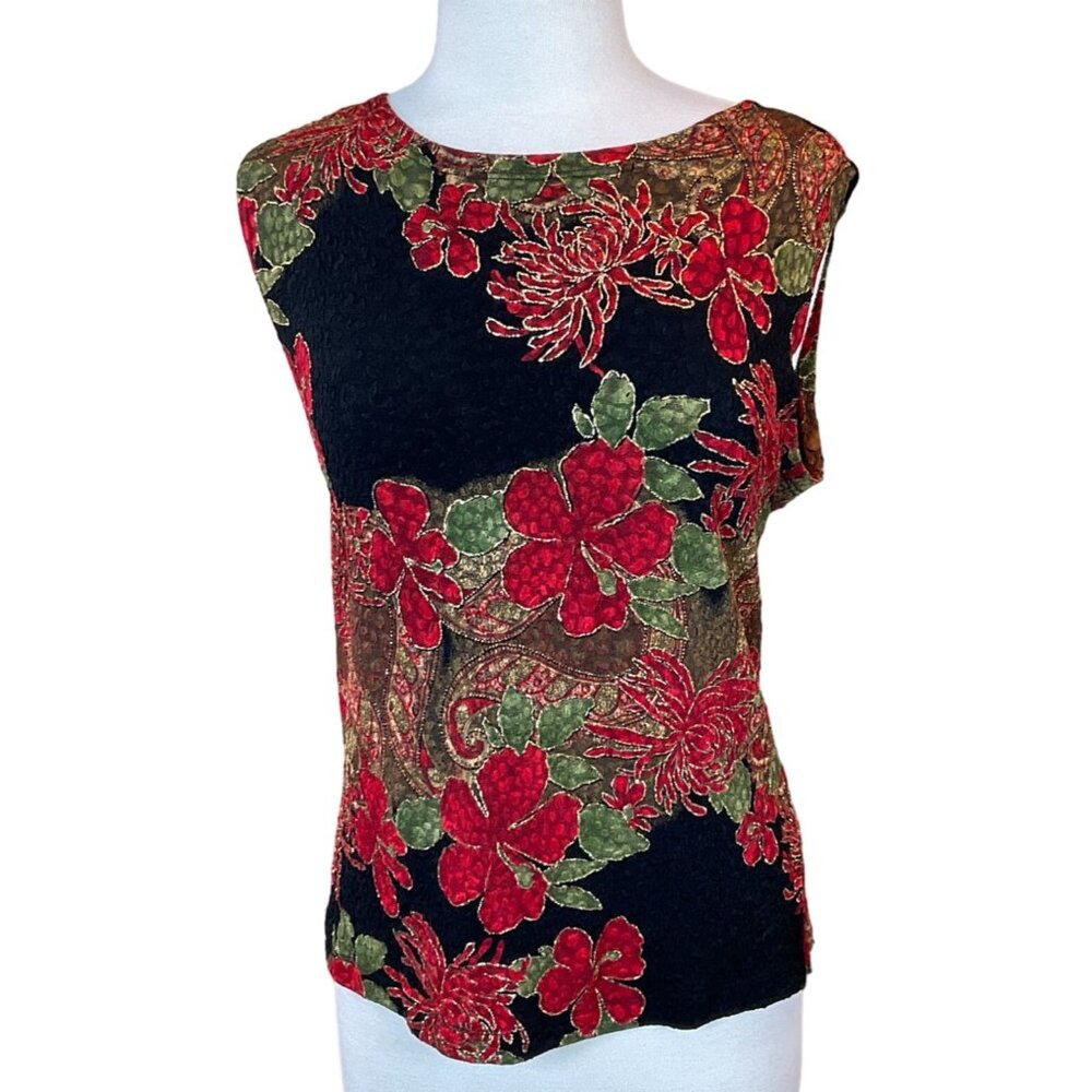 Ilyse Hart VTG Black Sleeveless Stretch Tank Red Green Florals Side Slits Large